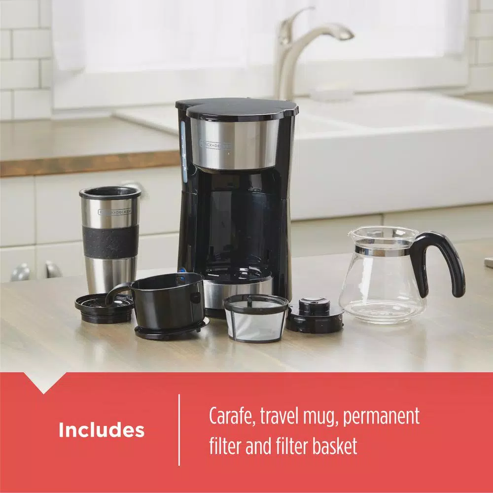 Black+Decker 4-in-1 5-Cup Drip Coffee Maker with Stainless Steel Travel Mug, Black/Stainless Steel