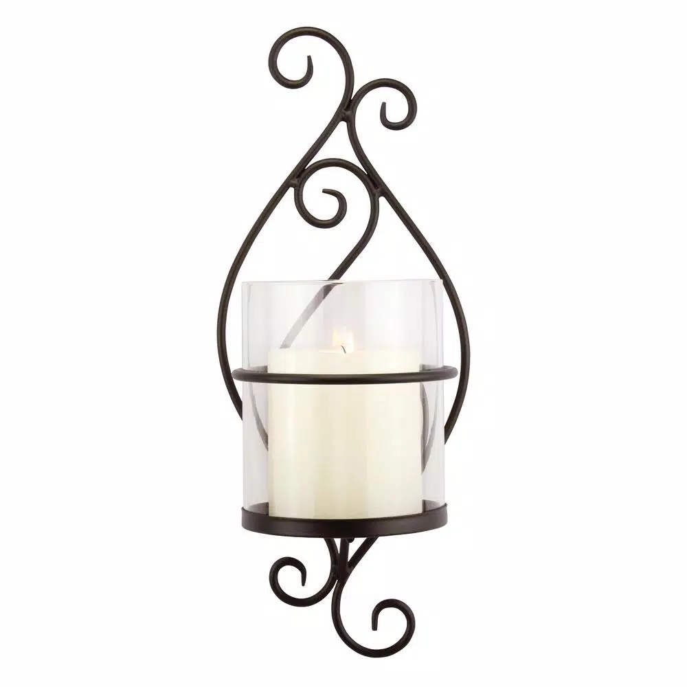 Stonebriar Collection Stonebriar Black Metal Scrolled Pillar Candle Sconce with Glass Cylinder
