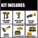 DEWALT 20V MAX XR Brushless Combo Kit with FLEXVOLT 6.0Ah & 2.0Ah Batteries, Hammer Drill, Impact Driver, Grinder & Saw thumbnail 2