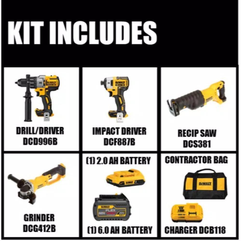 DEWALT 20V MAX XR Brushless Combo Kit with FLEXVOLT 6.0Ah & 2.0Ah Batteries, Hammer Drill, Impact Driver, Grinder & Saw