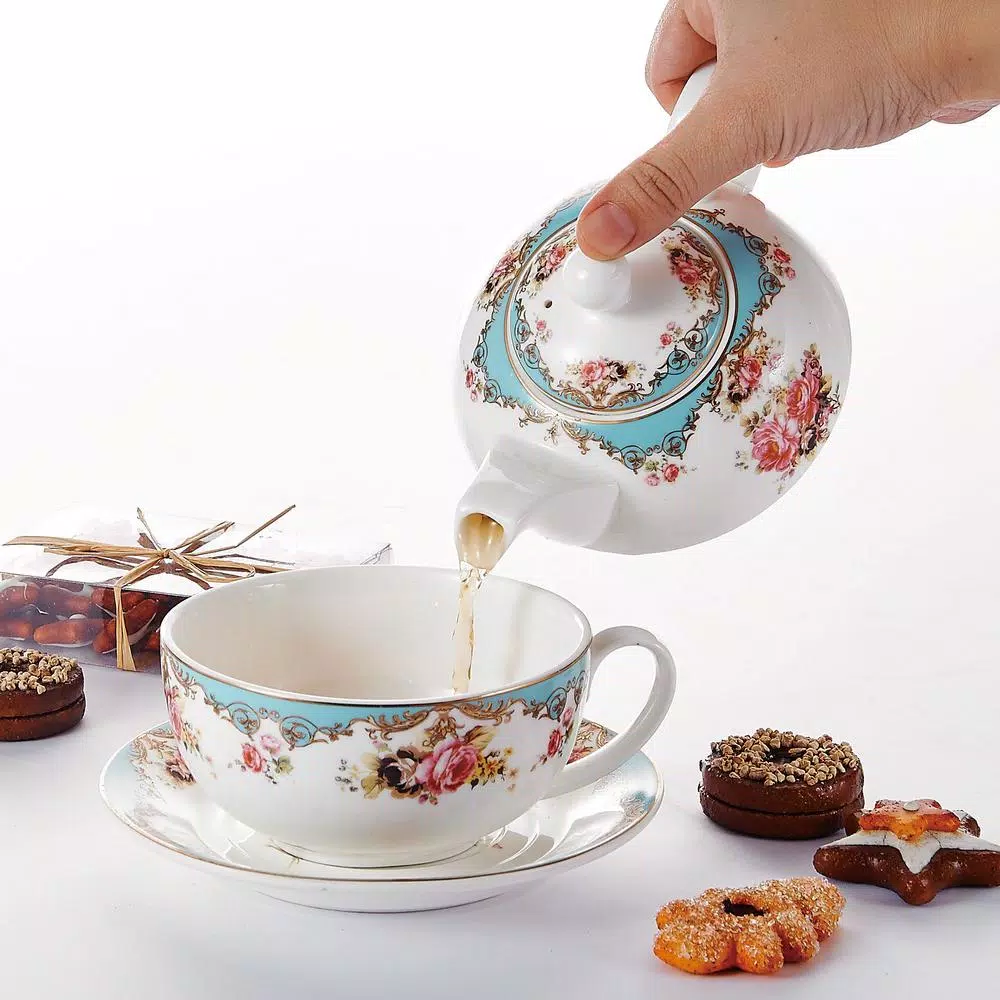MALACASA Elegant Porcelain Tea Set for One - 3 Piece Teapot, Teacup and Saucer Set, White with Pattern