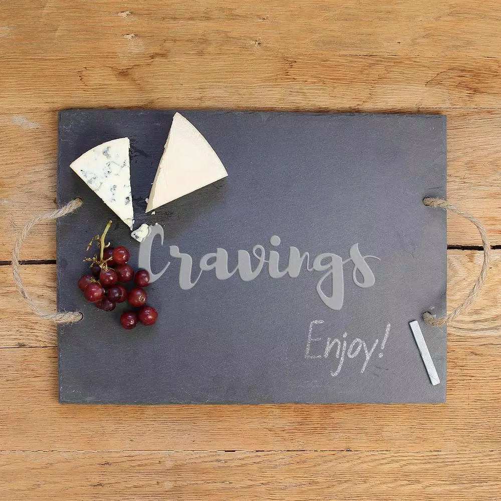 Cathy's Concepts Cravings Natural Edge Slate Serving Board with Hemp Handles and Soapstone Chalk