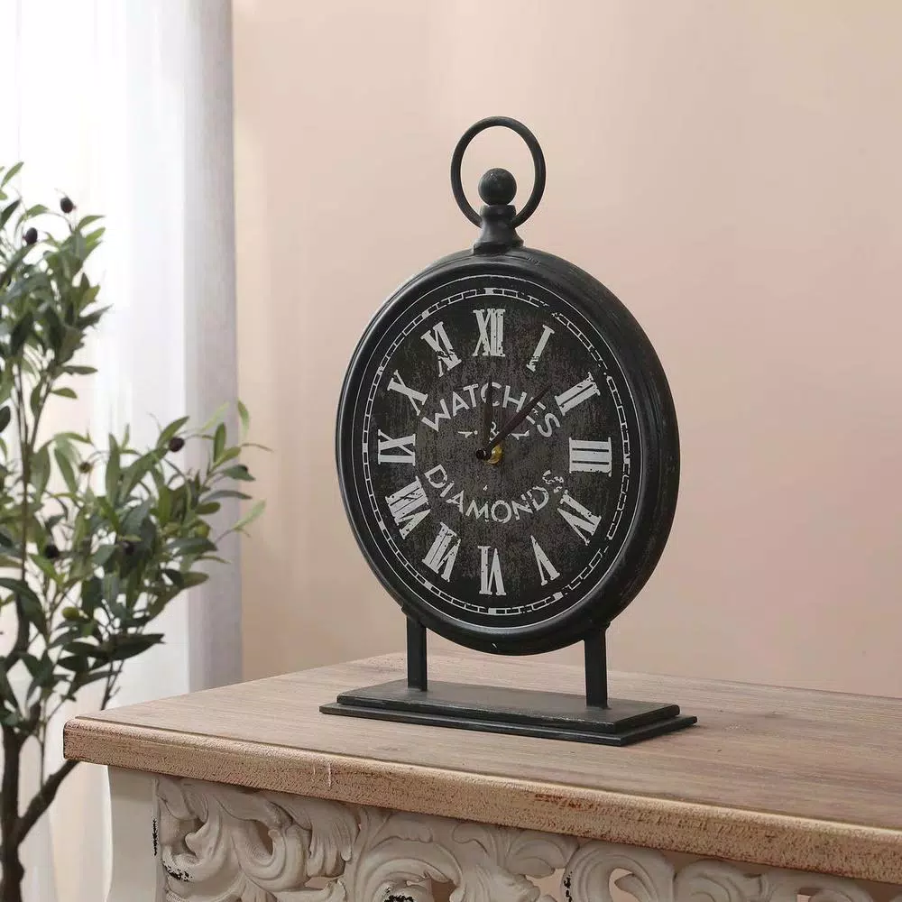 Winsome House Black Metal Vintage Table Top Clock with Roman Numerals