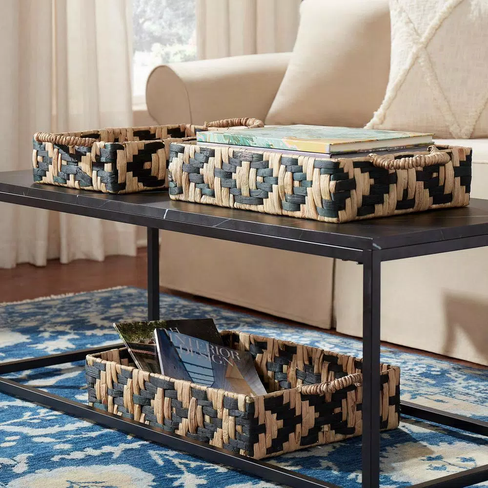 Home Decorators Collection Black and Natural Water Hyacinth Wicker Tray Set, 3-Piece Rectangle