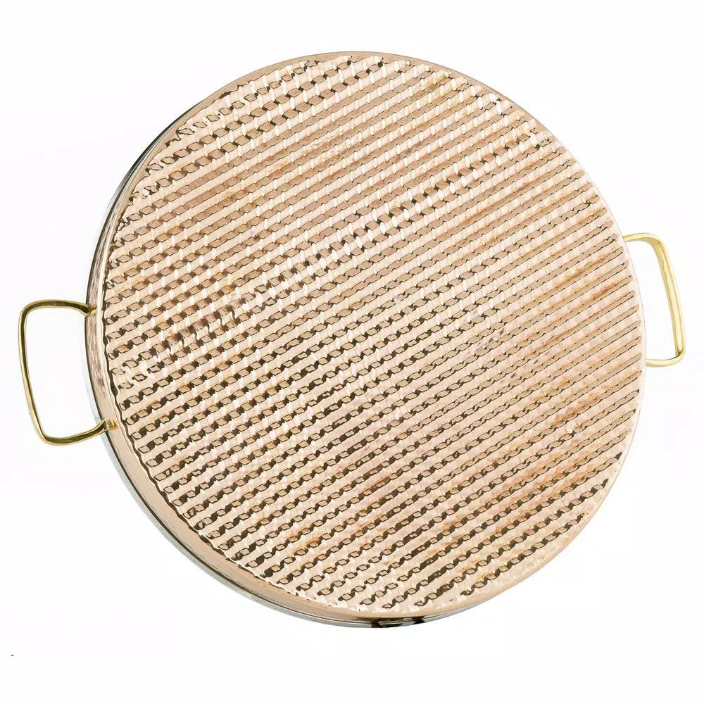 Old Dutch 14.5 in. 2-Ply Hammered Copper and Stainless Steel Round Serving Tray with Brass Handles