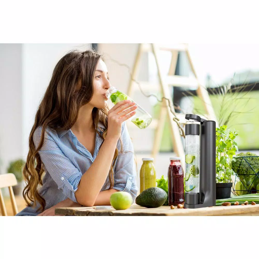 Drinkpod FIZZPod Black One-Touch Sparkling Soda Maker Machine with 3 PET Bottles
