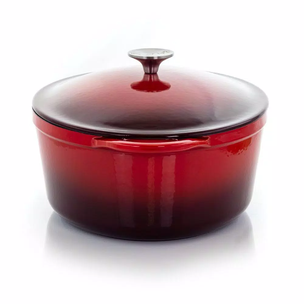 MegaChef 7 Qt. Oval Enameled Cast Iron Casserole Dish with Lid, Red