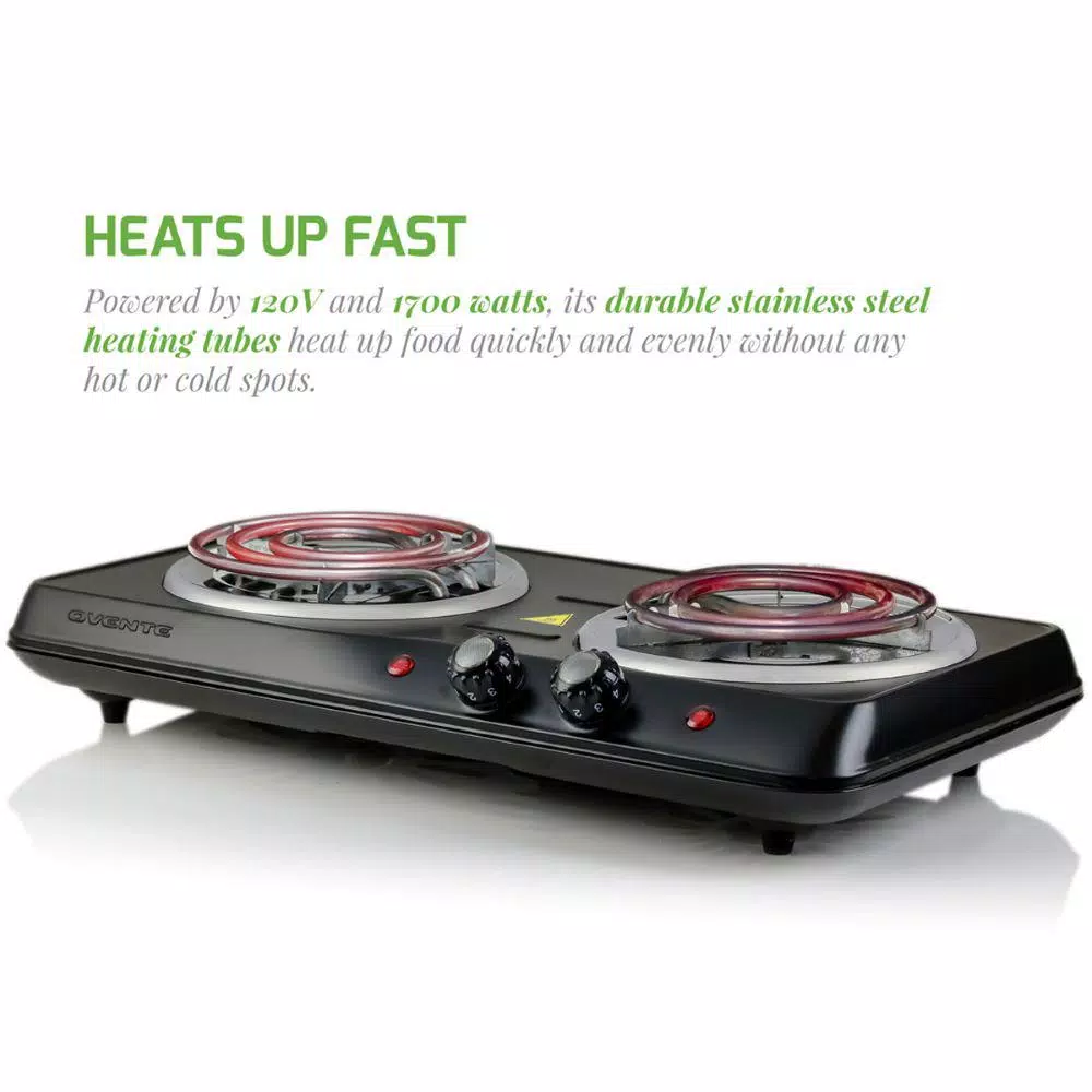 Ovente BGC102B Electric Double Coil Hot Plate Burner, 1700W, Black