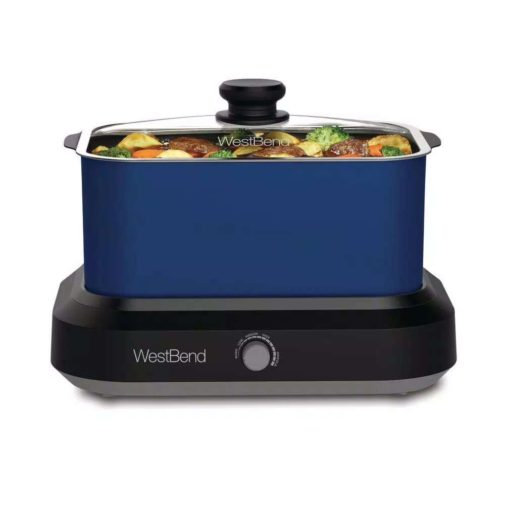 West Bend 6 Qt. Blue Non-Stick Versatility Slow Cooker with Griddle Base, Travel Lid, and Thermal Tote