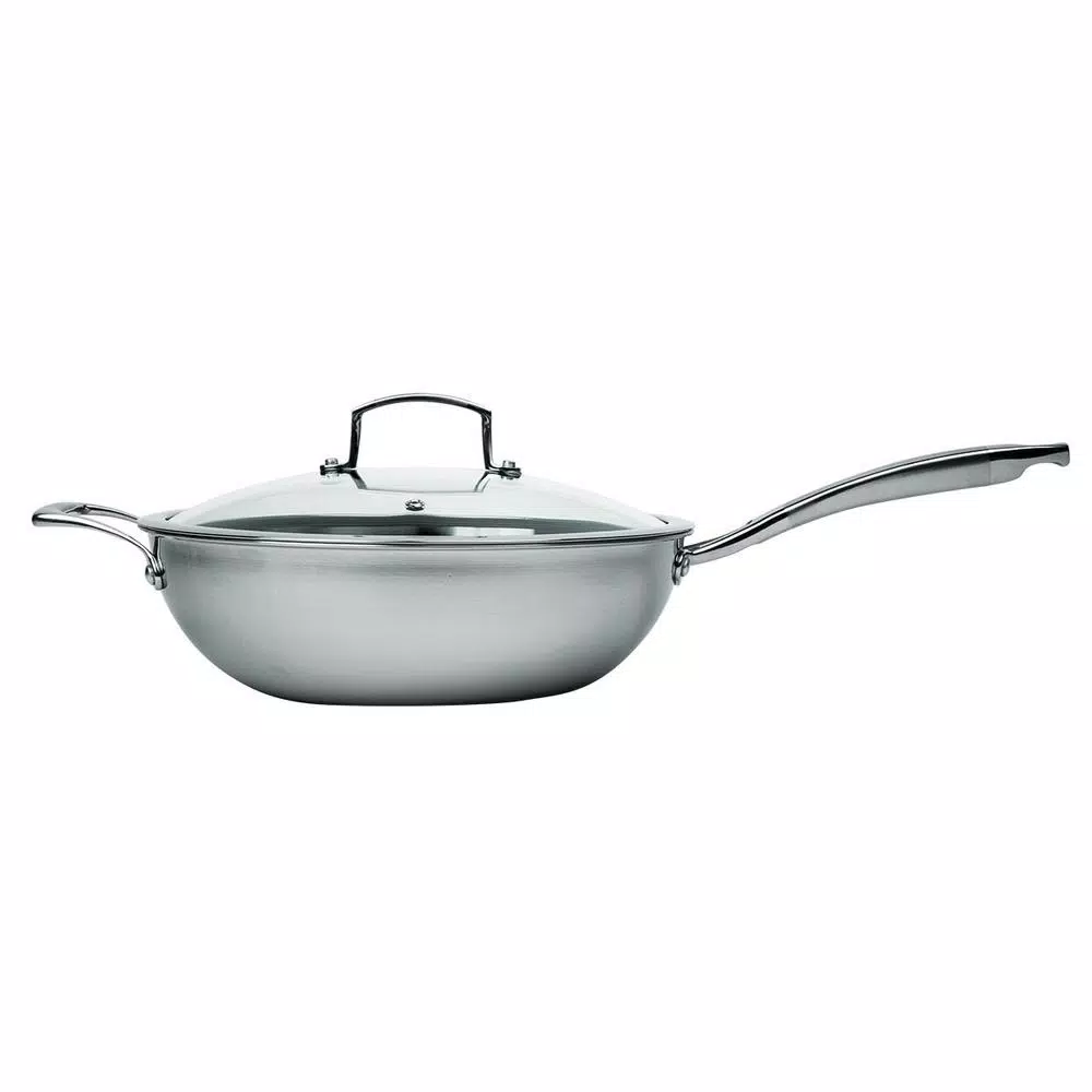 MasterPan 11 in. 3-Ply Stainless Steel Non-Stick Wok with Glass Lid