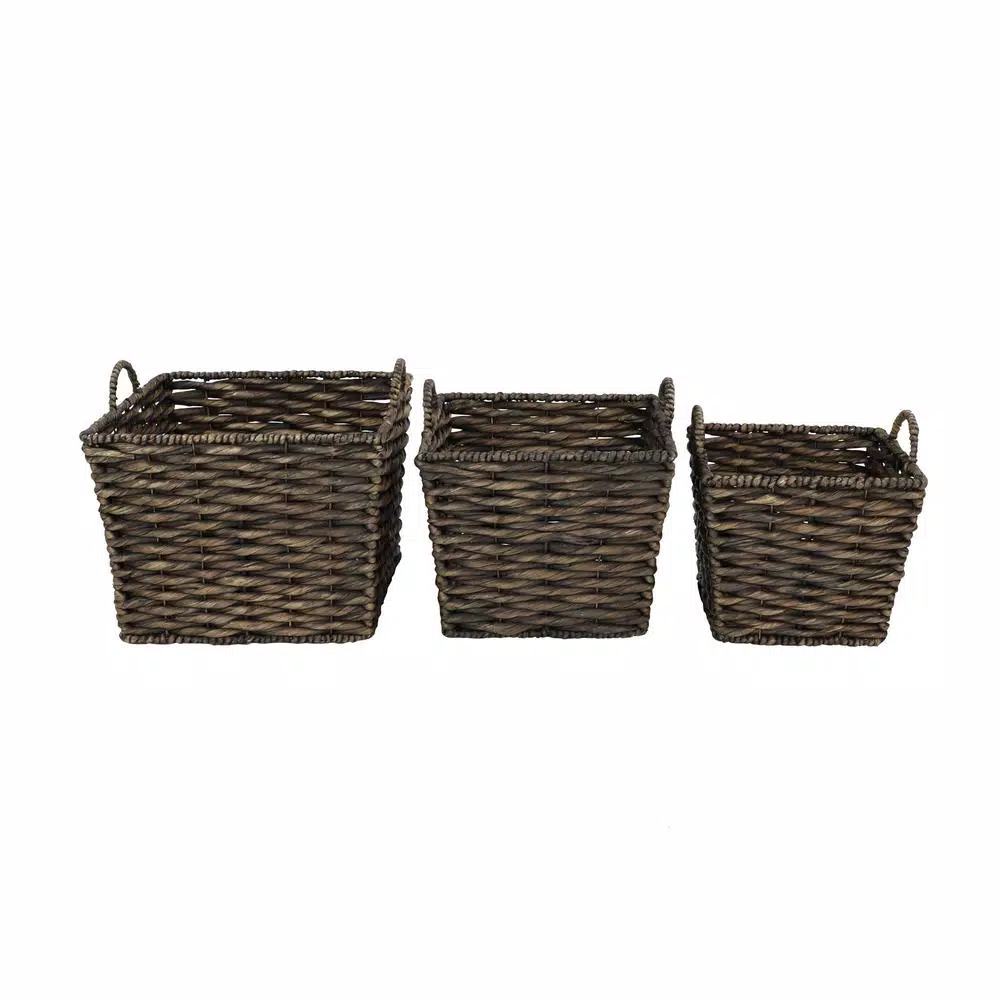 LITTON LANE Large Square Water Hyacinth Wicker Storage Baskets, Dark Brown (Set of 3)