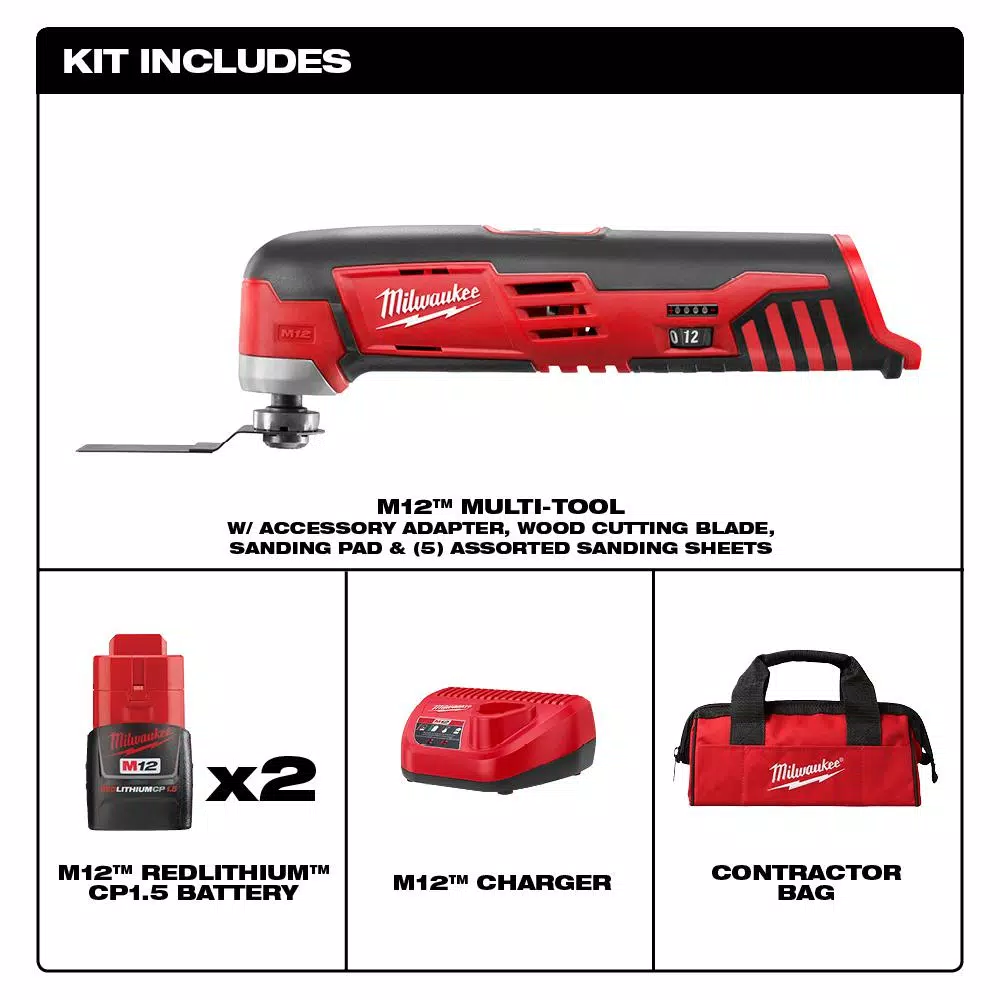 Milwaukee M12 12V Lithium-Ion Cordless Oscillating Multi-Tool Kit with (2) 1.5Ah Batteries, Charger & Bag