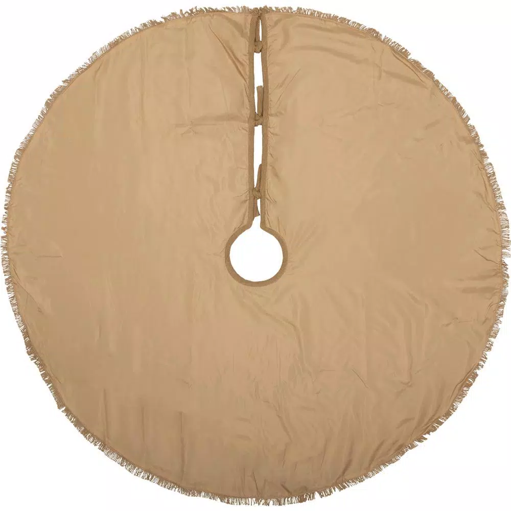 VHC Brands 48 in. Natural Burlap Christmas Tree Skirt with Fringed Edge and Taffeta Reverse