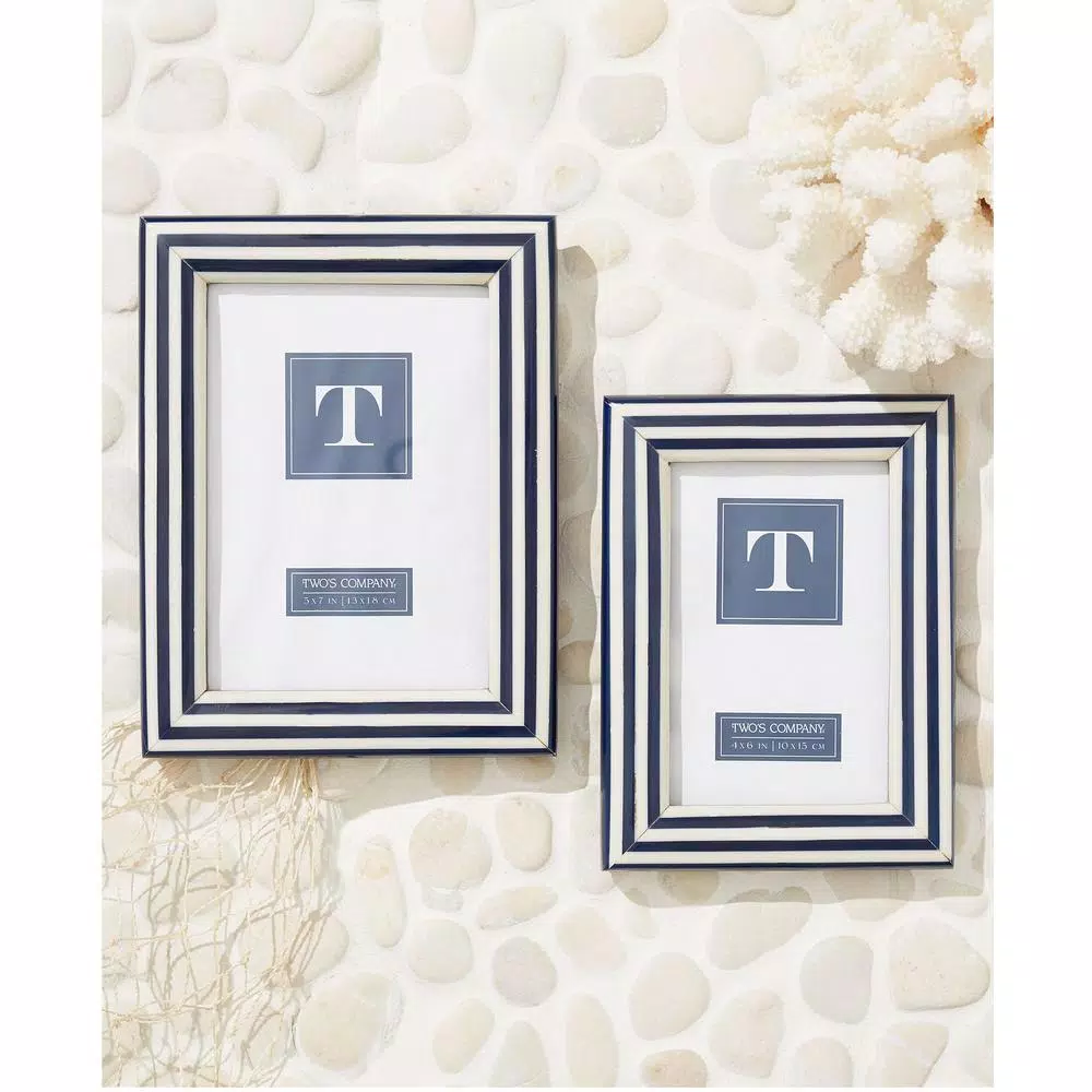 Two's Company Nautical Blue and White Striped Resin Picture Frame Set of 2 - 4x6 and 5x7