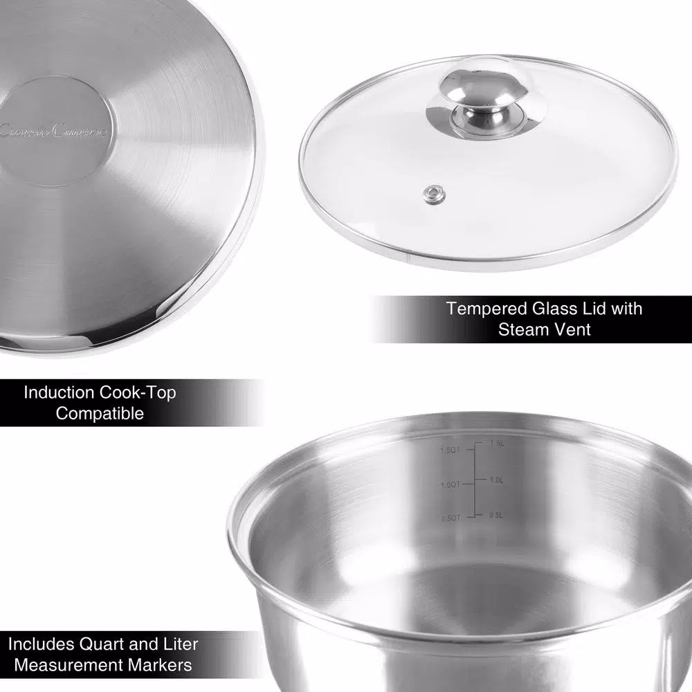 Classic Cuisine 1.5 Qt. Stainless Steel Double Boiler Saucepan Set with Tempered Glass Lid