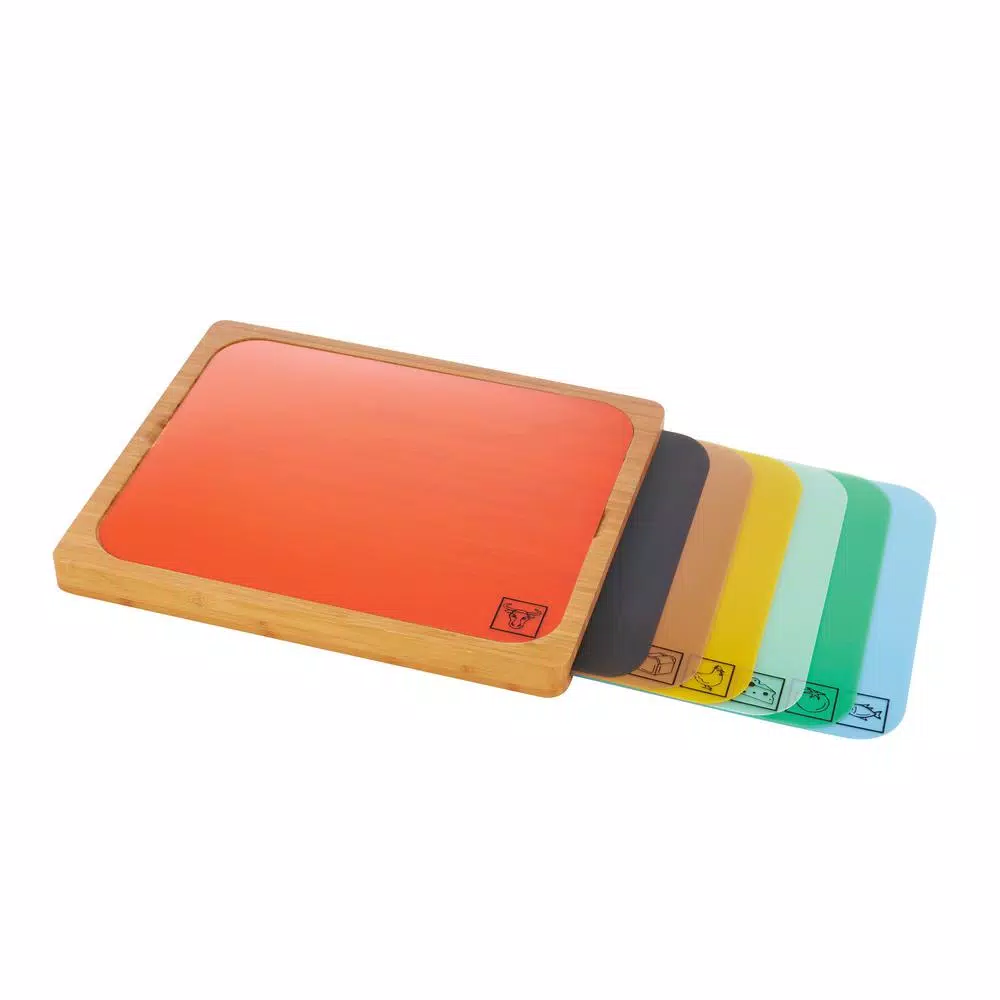 Seville Classics Bamboo Cutting Board Set with 7 Color-Coded Flexible Mats and Food Icons