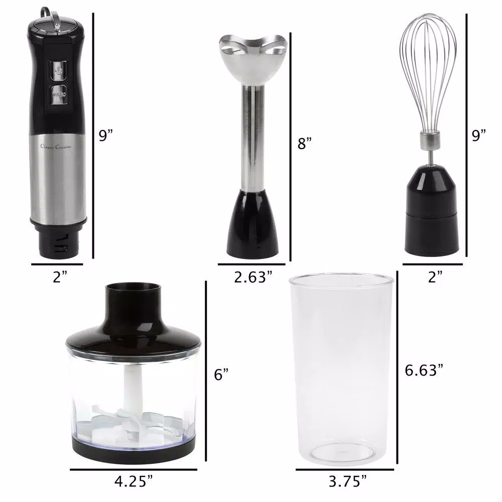 Classic Cuisine 4-in-1 Immersion Blender Set with Chopper and Whisk, 6-Speed, 400W, Black