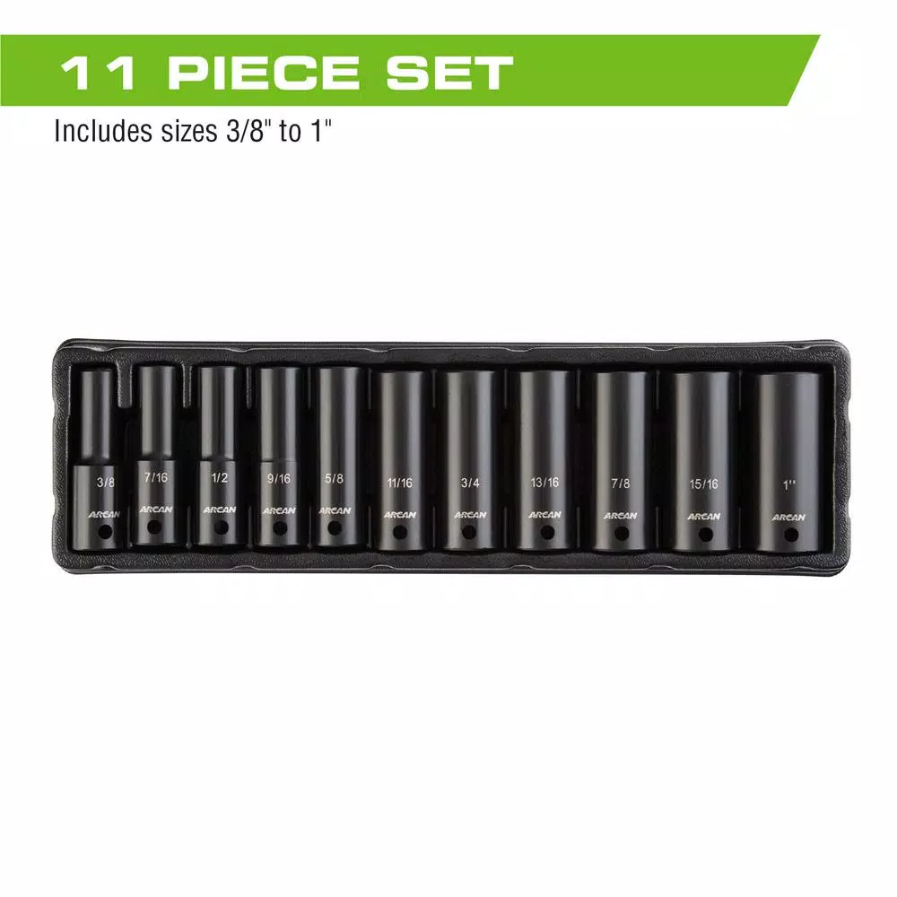 Arcan AS21211SD 1/2 in. Drive Deep SAE Impact Socket Set, 11-Piece