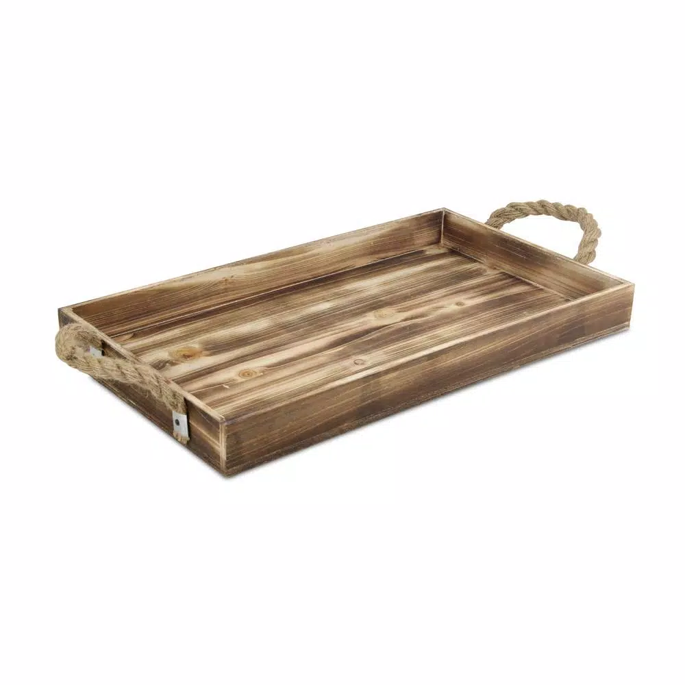 Cheungs Natural Wood Rectangular Decorative Tray with Rope Side Handles - Farmhouse Style