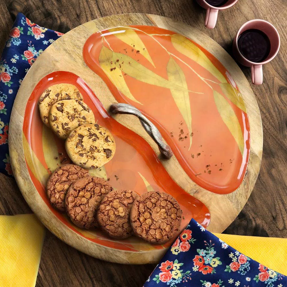 Gibson Elite Philomena 16 in. Enameled Mango Wood 2-Section Serving Tray with Handle, Brown