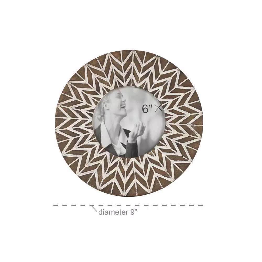 LITTON LANE 9 in. Round Carved Wood Picture Frame with Chevron Pattern, White and Natural