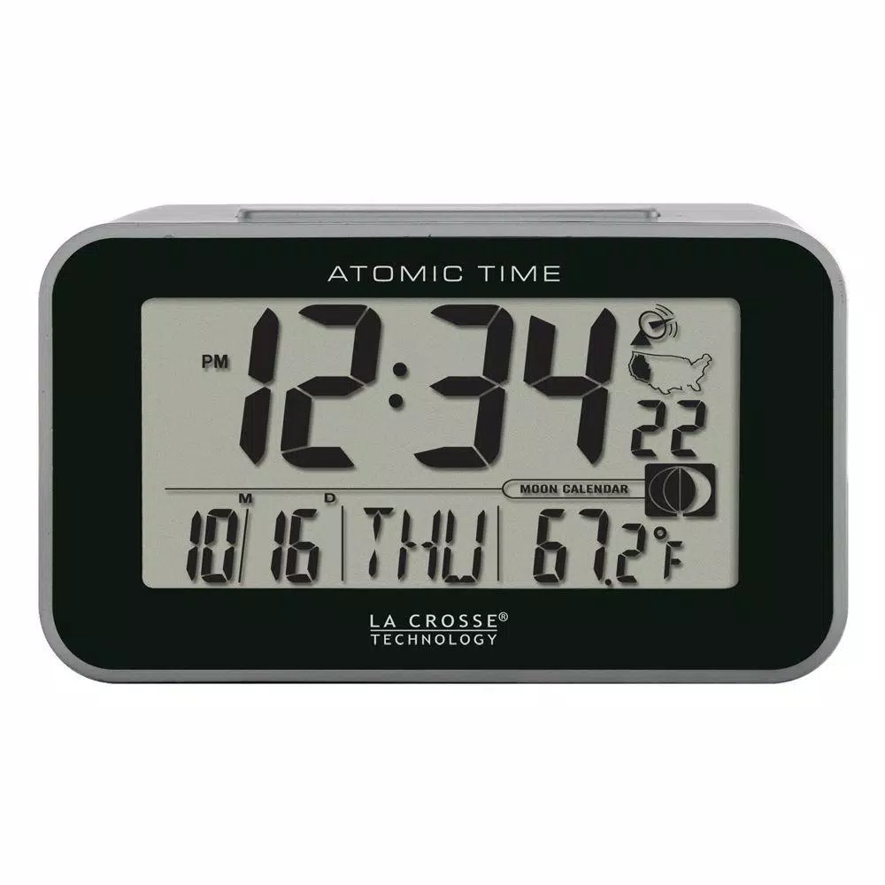 La Crosse Technology Atomic Digital Alarm Clock with Moon Phase & Temperature Display, Silver