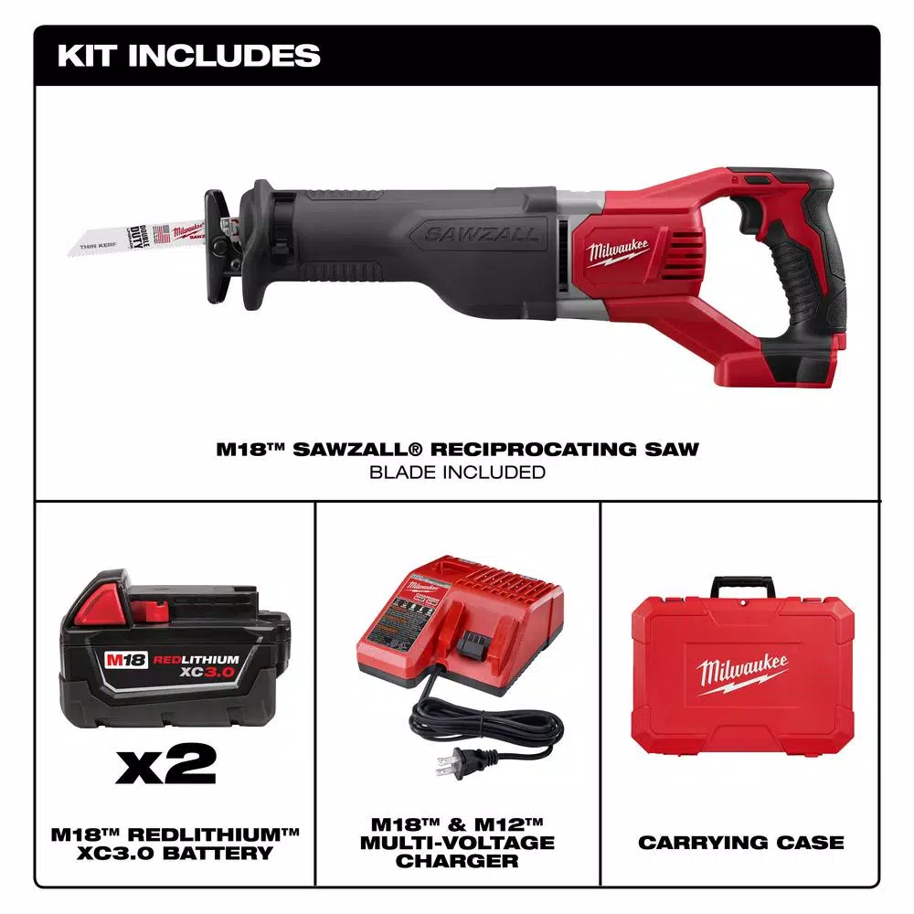Milwaukee M18 SAWZALL 18V Cordless Reciprocating Saw Kit with (2) 3.0Ah Batteries, Charger, and Hard Case