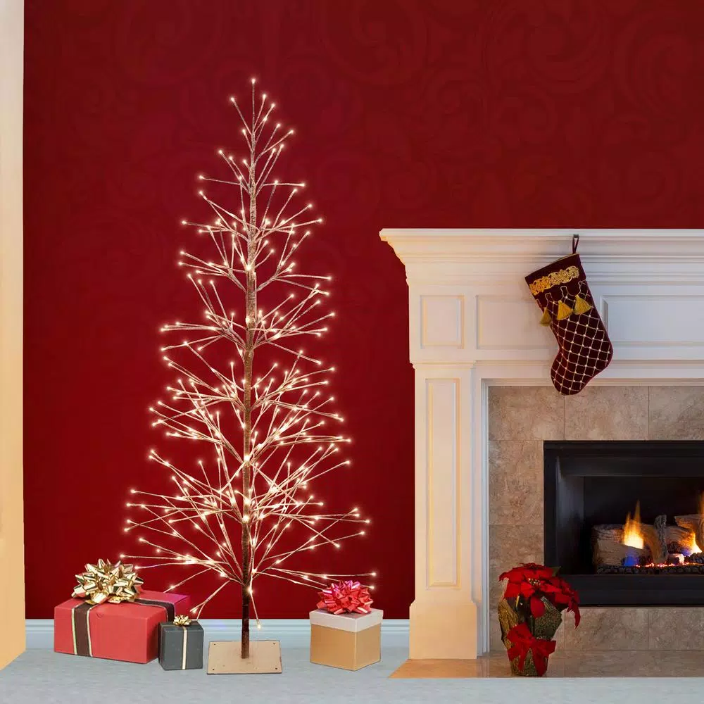 Alpine Corporation 6ft Frosty Flocked Brown Artificial Christmas Tree with Warm White LED Lights