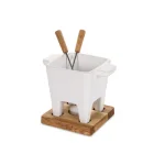Boska Exclusive Collection 4-Piece Ceramic Fondue Set with Oak Wood Base - White thumbnail 1