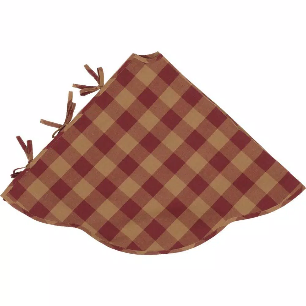 VHC Brands 55 in. Burgundy Check Red Primitive Christmas Tree Skirt with Scalloped Edge