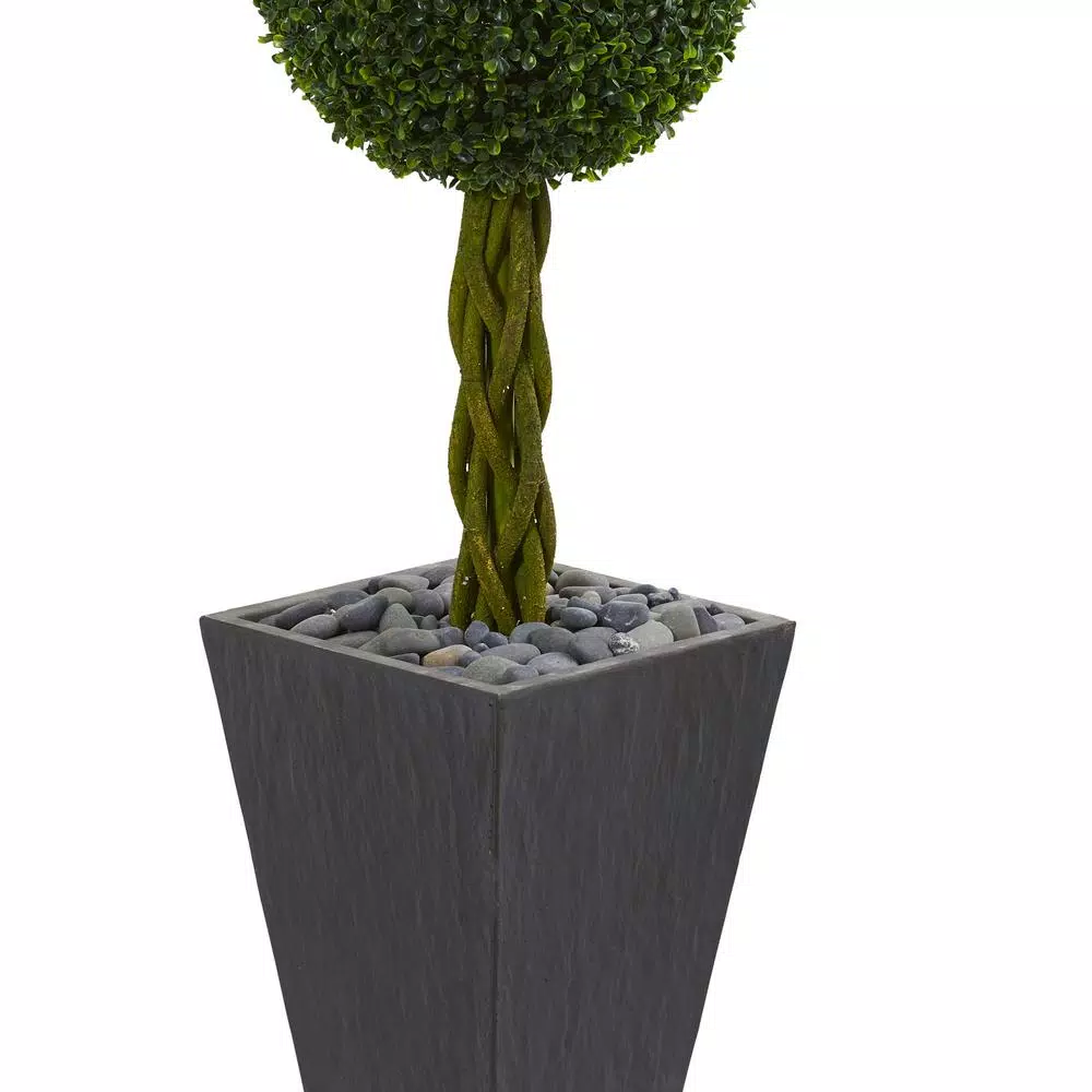 Nearly Natural 5 ft. Artificial Double Ball Boxwood Topiary Tree in Slate Planter with River Rocks