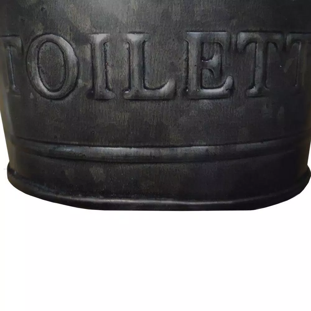 Benzara Dark Gray Iron Toilet Caddy with Wooden Handles and Embossed Tiolette Text