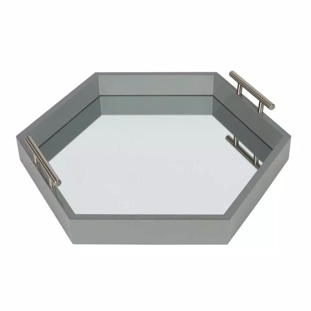 Kate and Laurel Lipton Gray Hexagon Decorative Tray with Mirrored Base and Polished Metal Handles