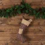 VHC Brands Clement 20 in. Red Plaid and Jute Burlap Rustic Christmas Stocking thumbnail 3