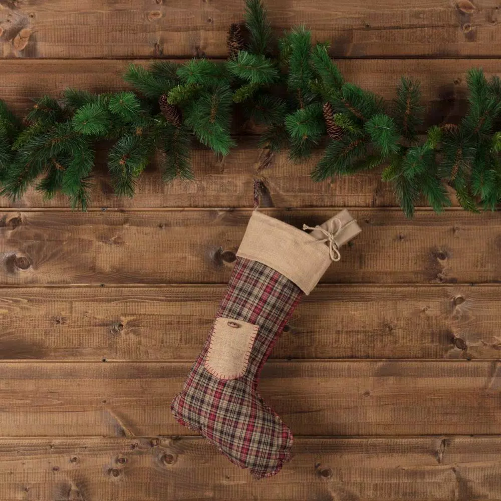 VHC Brands Clement 20 in. Red Plaid and Jute Burlap Rustic Christmas Stocking