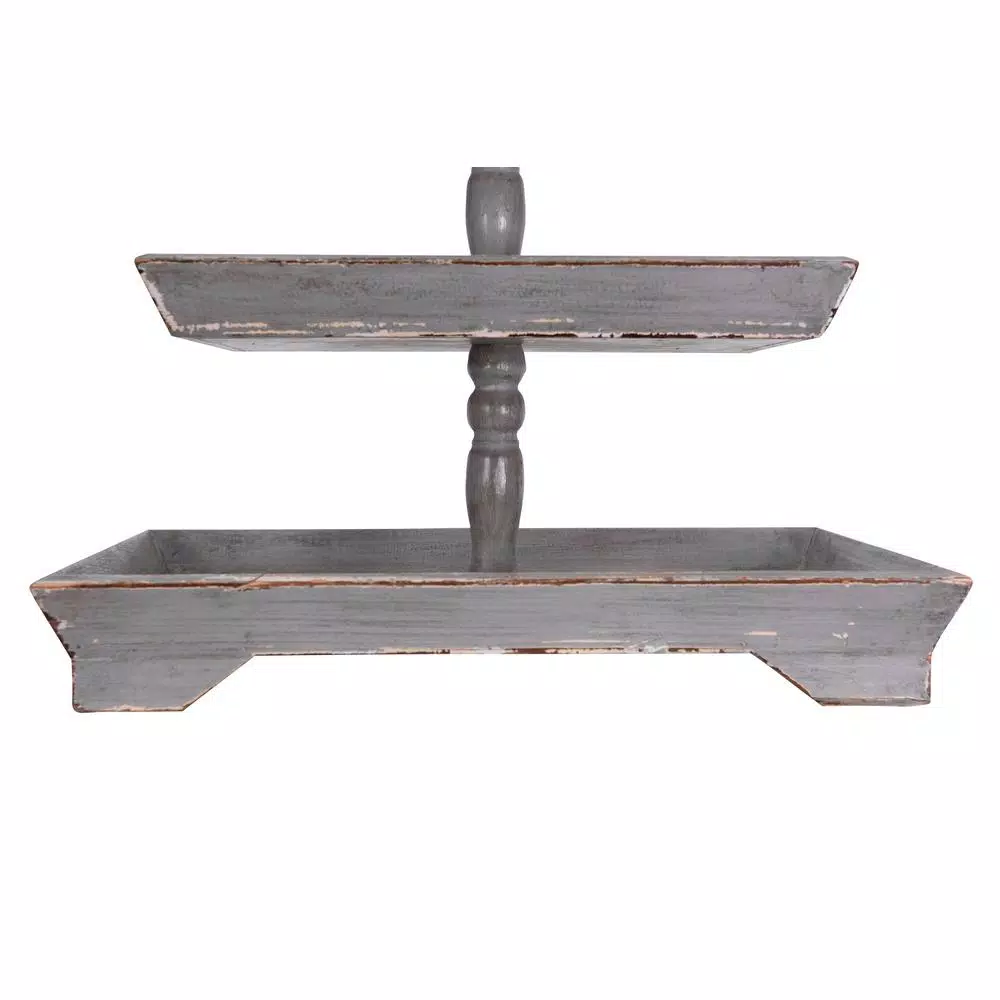 3R Studios Bungalow Lane Grey 3-Tier Decorative Tray with Distressed Wood & Metal Construction