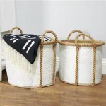 LITTON LANE Set of 3 Round Palm Leaf and Rope Wicker Storage Baskets with Handles, White thumbnail 8