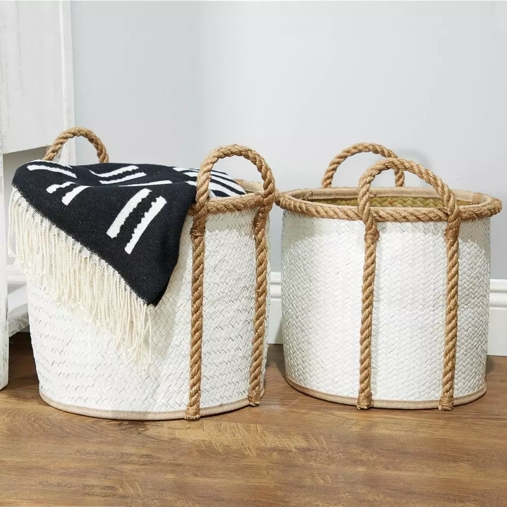 LITTON LANE Set of 3 Round Palm Leaf and Rope Wicker Storage Baskets with Handles, White