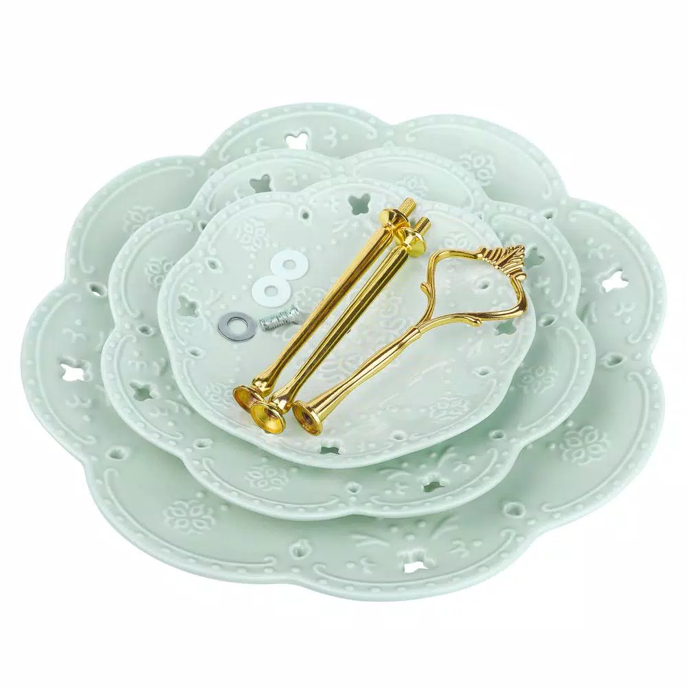 MALACASA 3-Tiered Green Porcelain Cupcake Tower Stand, Round Dessert & Cake Serving Stand