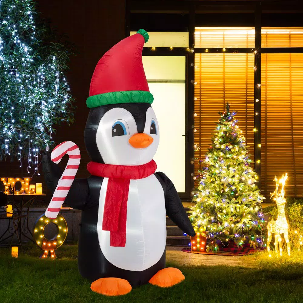 Glitzhome 8 ft. Airblown Inflatable Penguin Holiday Decor with Santa Hat and Red Scarf, Lighted