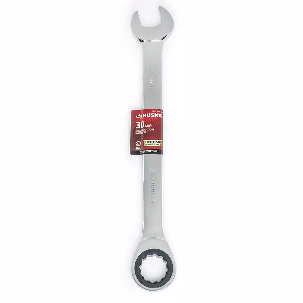 Husky 30 mm 12-Point Ratcheting Combination Wrench, 72-Tooth, Chrome Alloy Steel