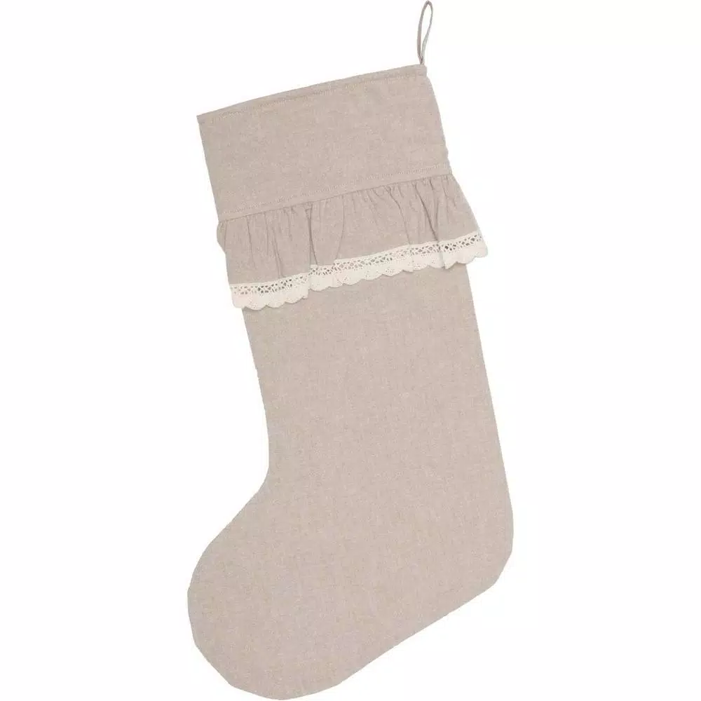 VHC Brands 20 in. Cotton Carol Khaki Tan Chambray Farmhouse Christmas Stocking with Lace and Wood Buttons