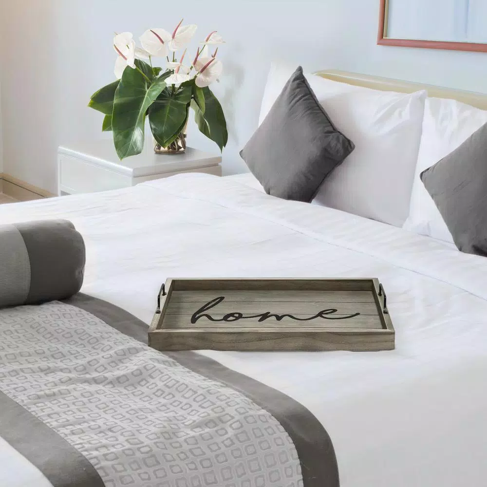 Elegant Designs Rustic Gray Wooden Decorative Serving Tray with Black Metal Handles