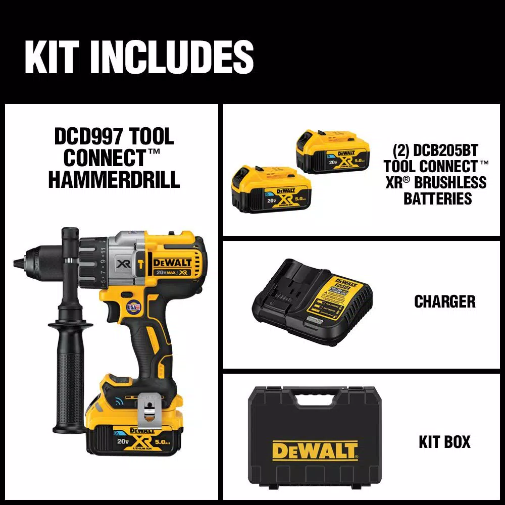 DEWALT 20V MAX XR Brushless 1/2 in. Hammer Drill Driver Kit with Tool Connect, (2) 5.0 Ah Batteries & Charger