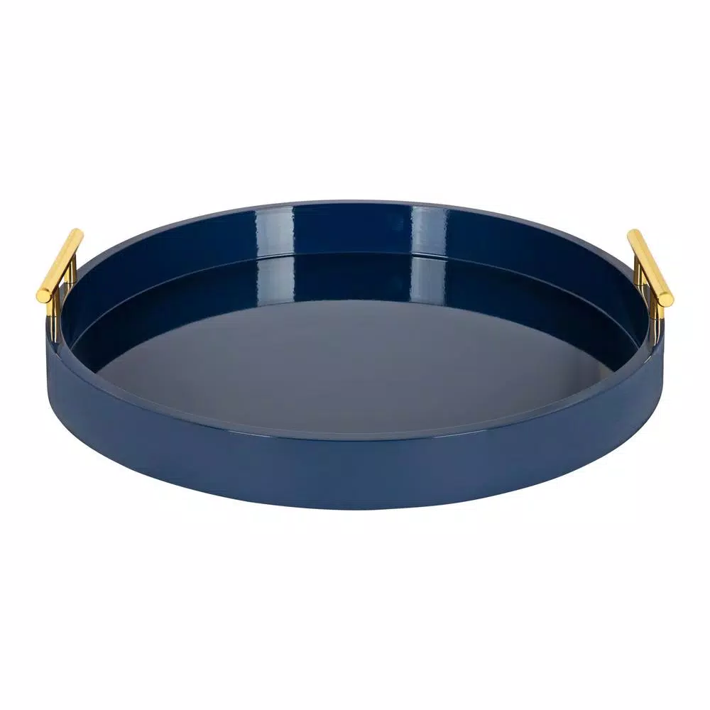 Kate and Laurel Lipton Navy Blue Round Decorative Serving Tray with Polished Metal Handles