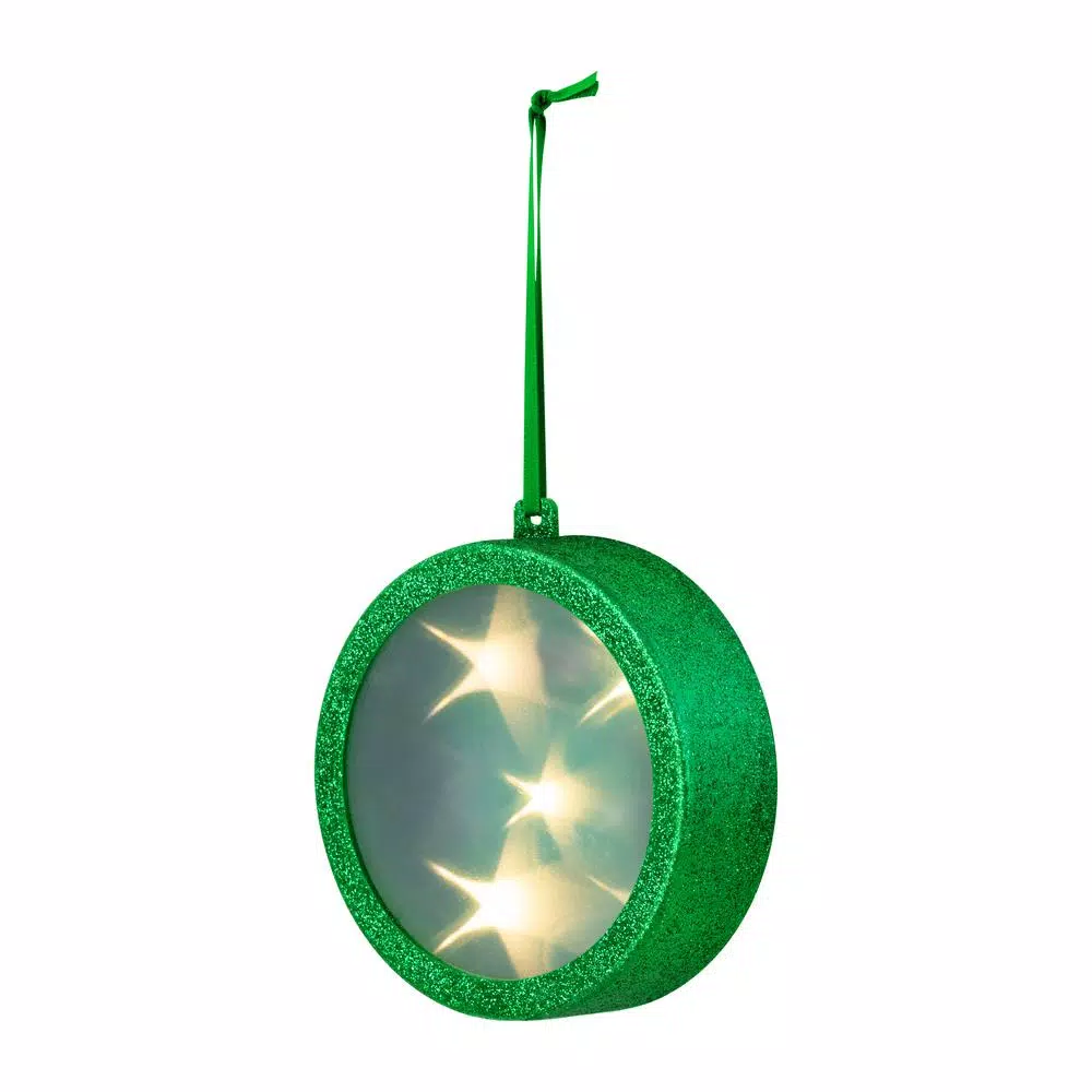 Haute Decor 4 in. Green Lighted Holographic Star Christmas Ornament with Timer