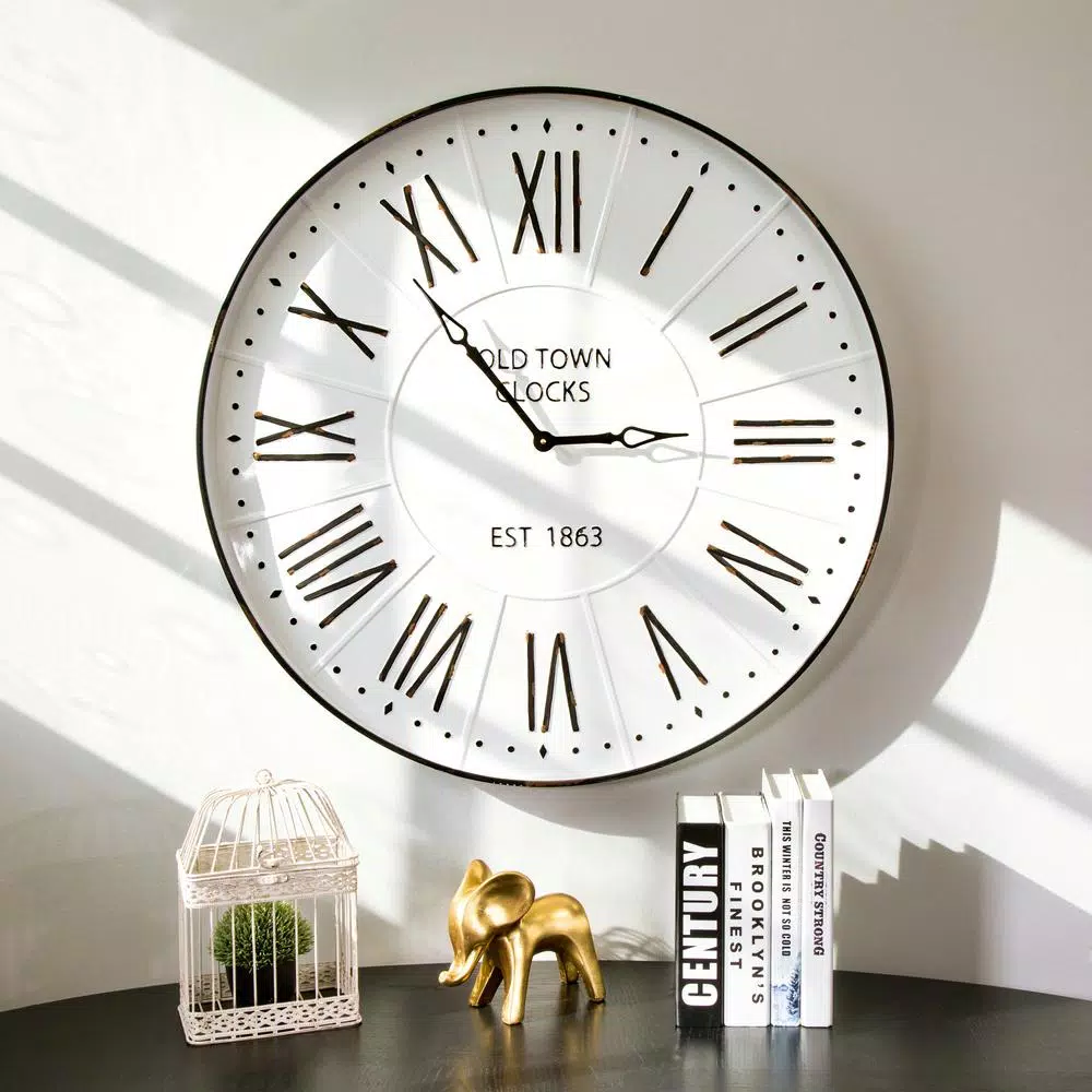 Glitzhome 31.5 in. Oversized Farmhouse Metal Enamel Wall Clock - Antique White
