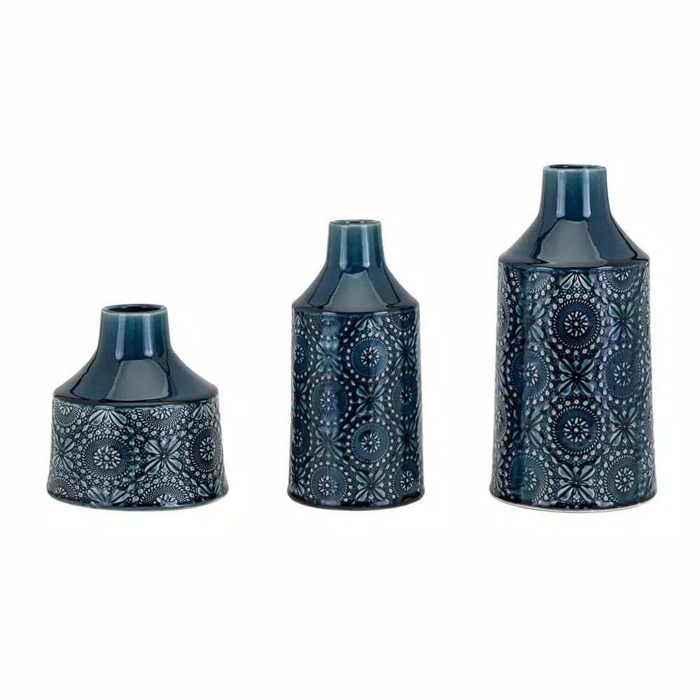Benjara Athena Glazed Cerulean Blue Ceramic Floral Vases, Set of 3