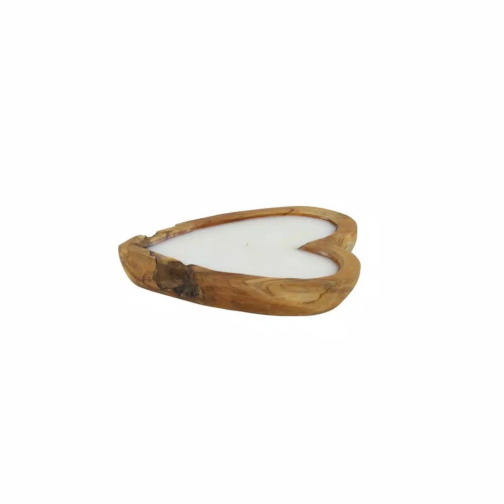 LITTON LANE Large Heart-Shaped Reclaimed Teak Wood Candle Holder with Unscented White Wax