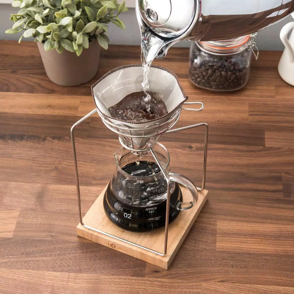 Old Dutch 20oz Stainless Steel Pour Over Coffee Maker Set with Glass Carafe and Rubberwood Base